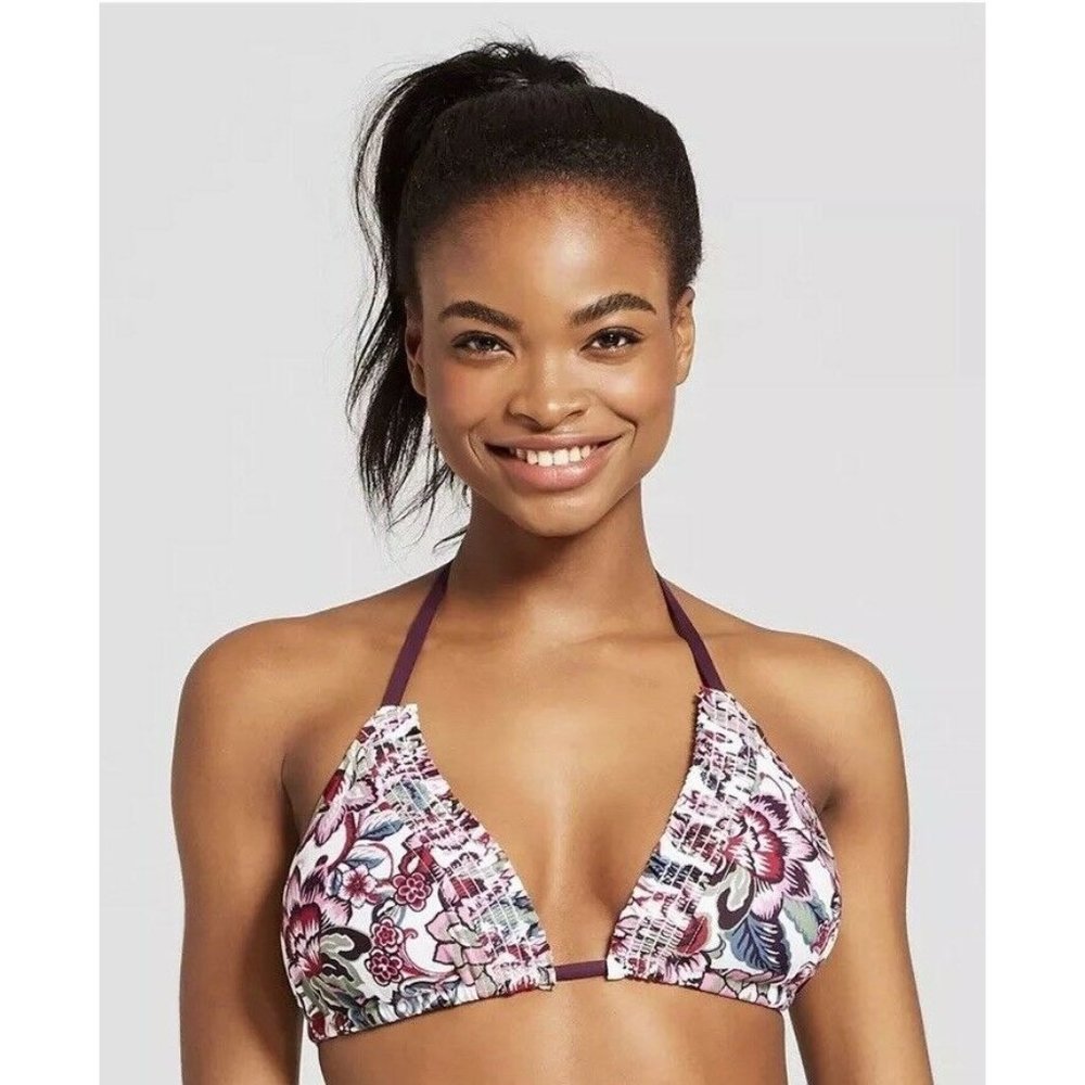 women's Size S bikini top smocked triangle floral dark